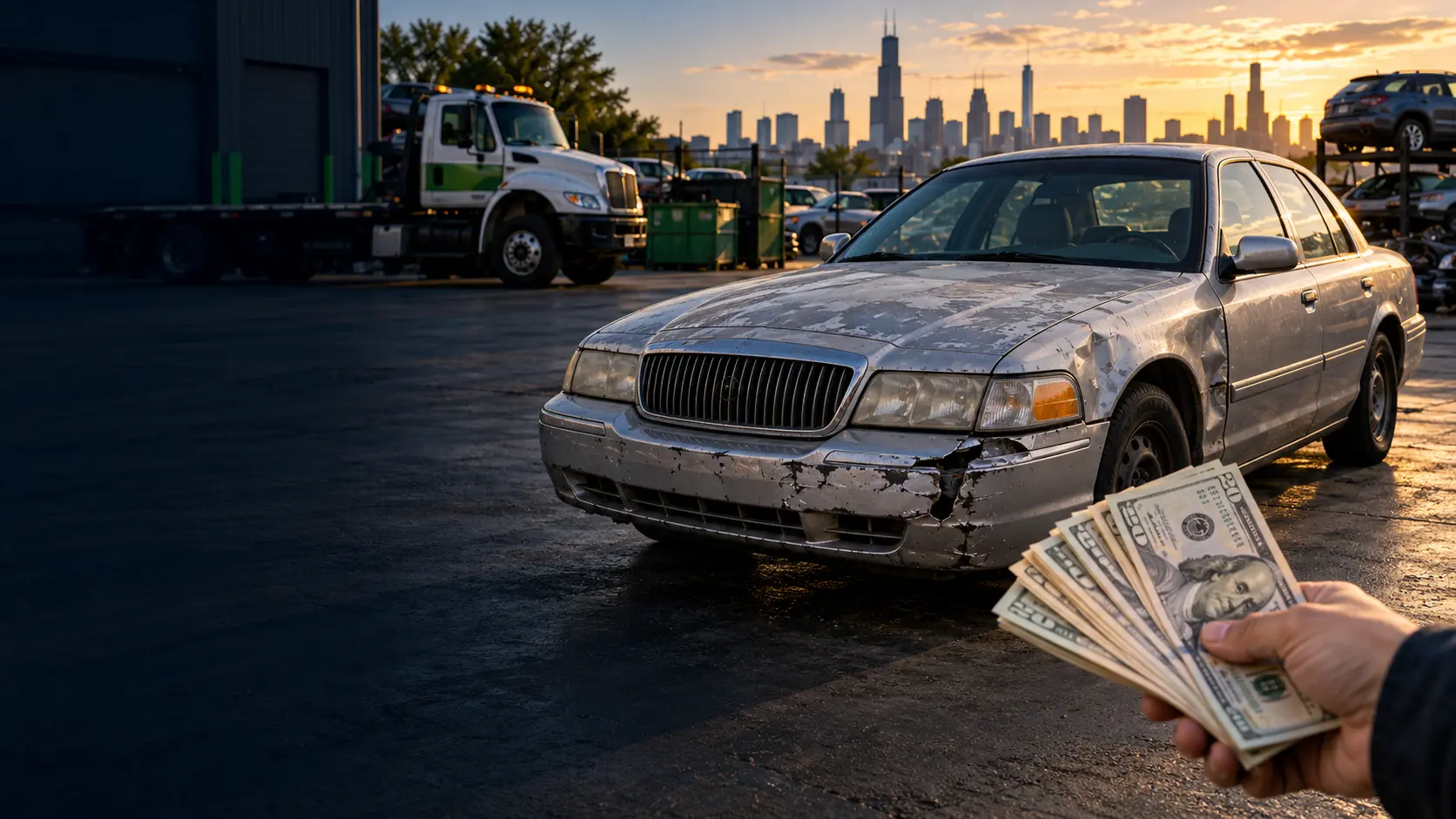 Old damaged sedan with cash in hand and Chicago skyline