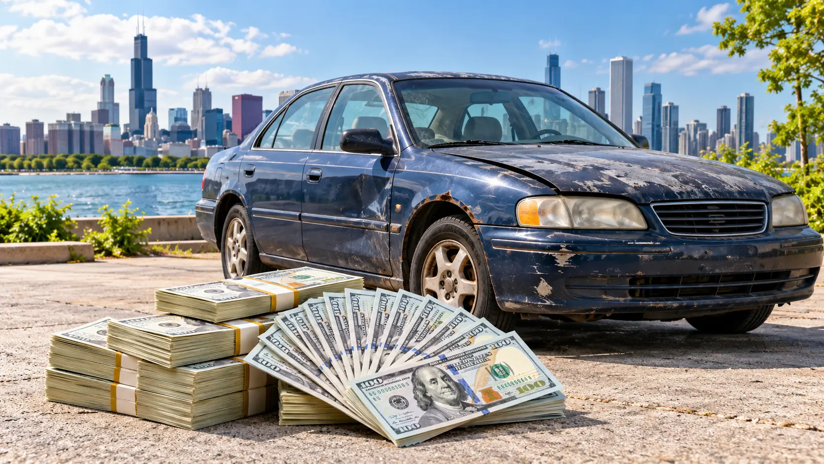 Old navy sedan with stacks of cash by the Chicago lakefront